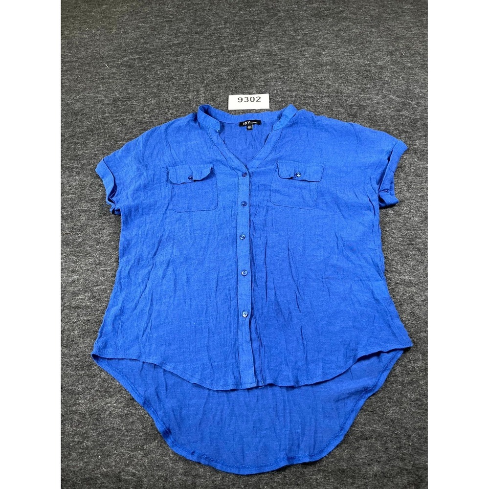 ICY FASHION Shirt Top Womens 1XL‎ Blue Rayon High Low Hem Button Front Casual